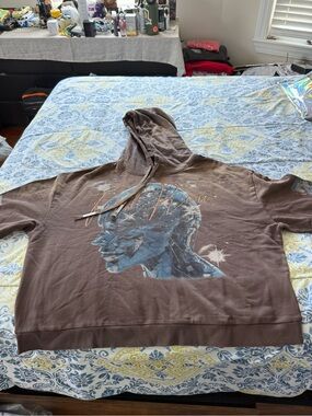 First Row Men's Brown Zip-Up Hoodie with Blue Graphic Profile